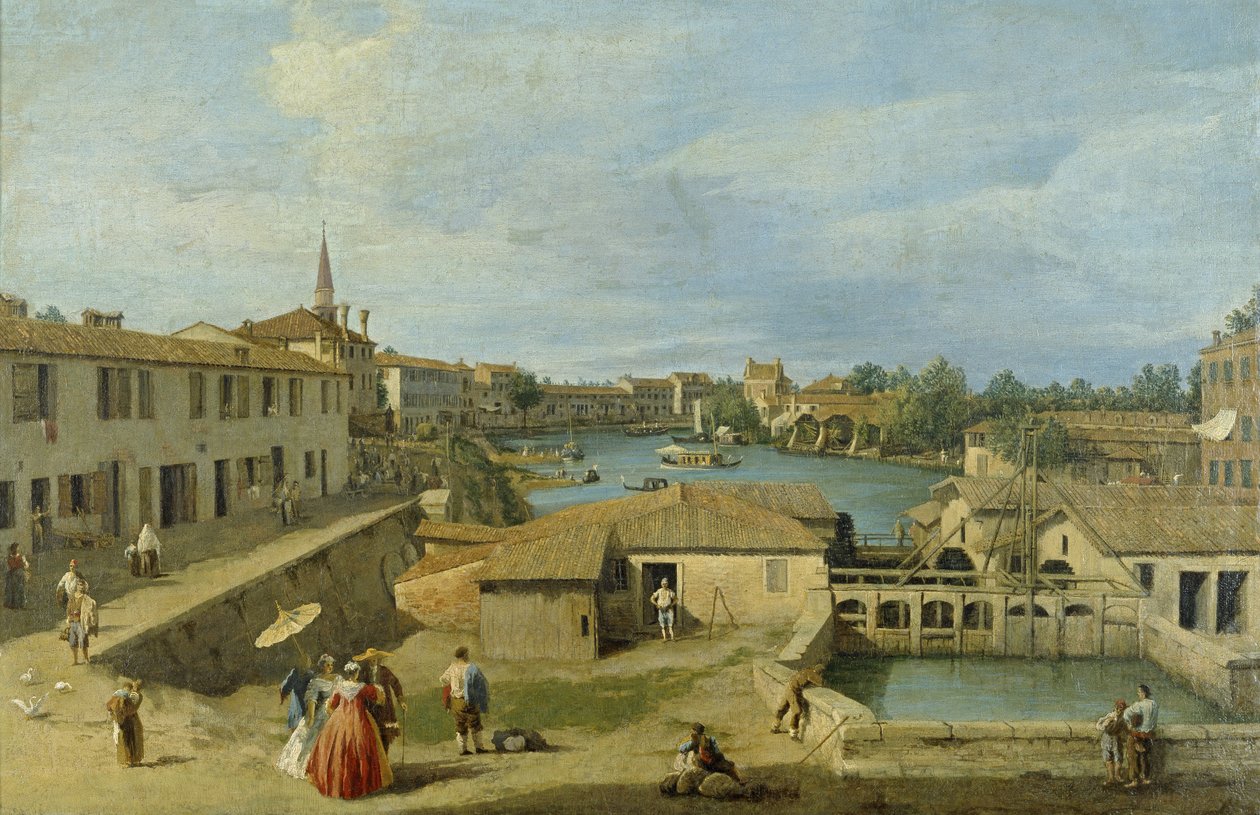 Dolo látképe a Brenta csatornán, 1725-29 körül alkotó: Giovanni Antonio Canal