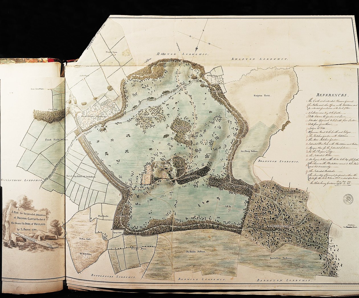 Tervek a Belvoir kastély parkjához (toll és tinta, wc-vel, papírra) alkotó: Capability Brown