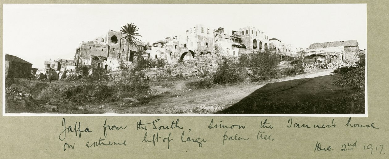 Jaffa délről, Tímár Simon háza a pálmafa bal oldalán, 1917. december 2. alkotó: Capt. Arthur Rhodes