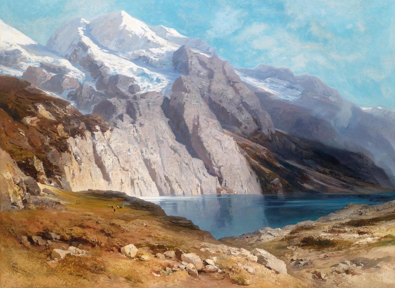 Kilátás a Doldenhornra az Oeschinensee-vel A hátoldalon lévő régi jelölés szerint alkotó: Carl Heyn