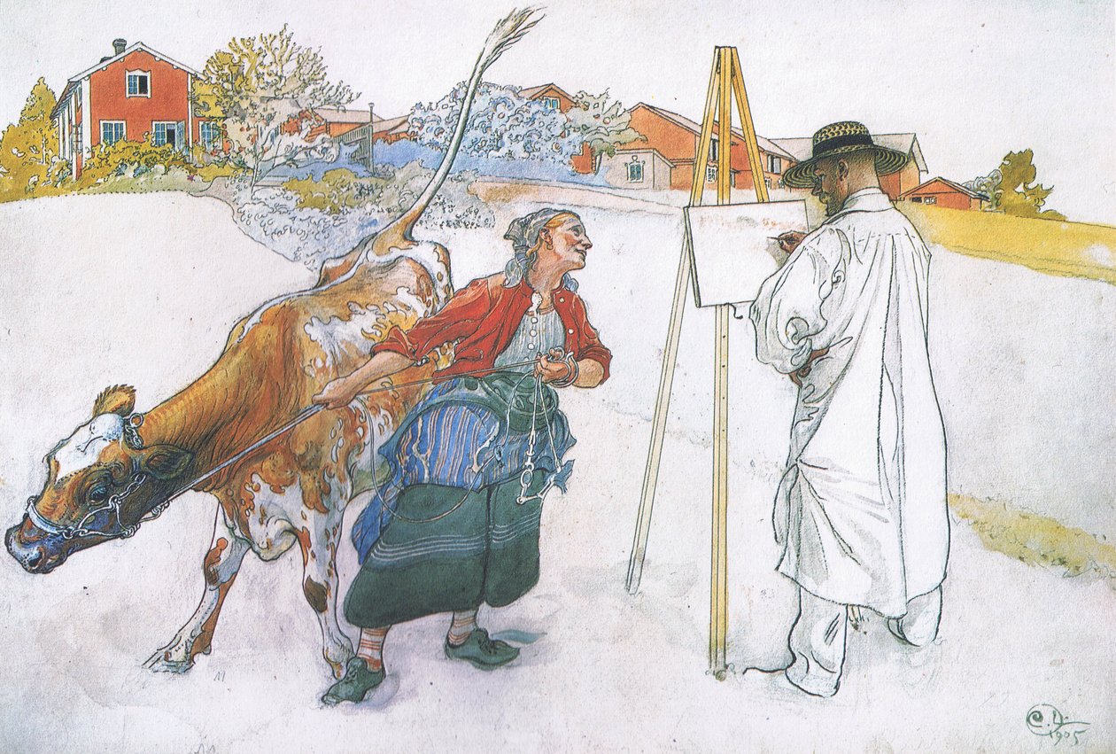 Jött Joanna, aki a tehenet, Blommát vezette... alkotó: Carl Larsson