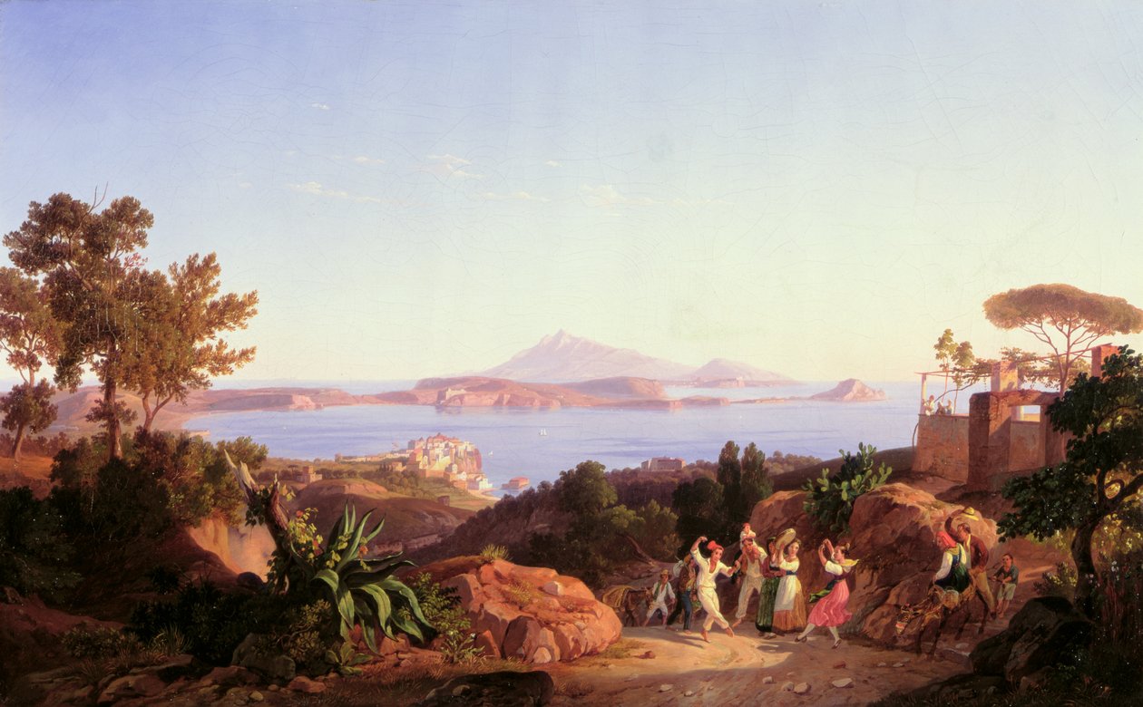 Kilátás a Pozzuoli-öbölre a Solfatara-hegytel, 1830 körül alkotó: Carl Wilhelm Goetzloff