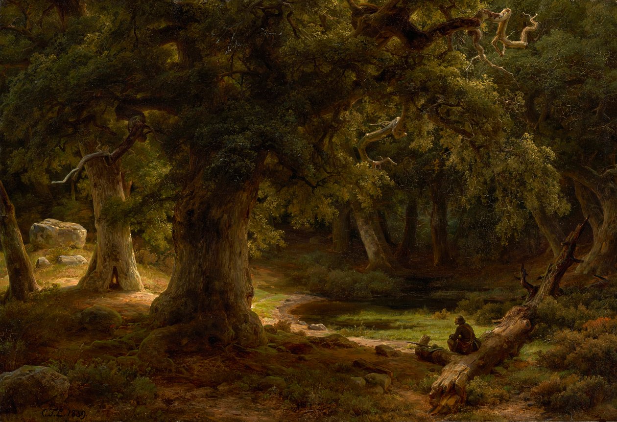Tölgyes erdőben pihenő vadász alkotó: Carl Friedrich Lessing