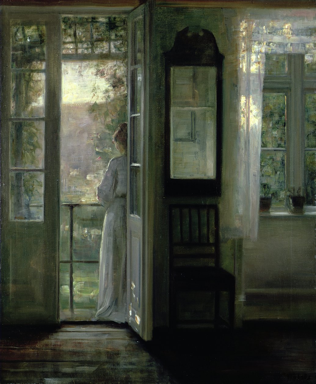 Lány áll az erkélyen alkotó: Carl Holsoe