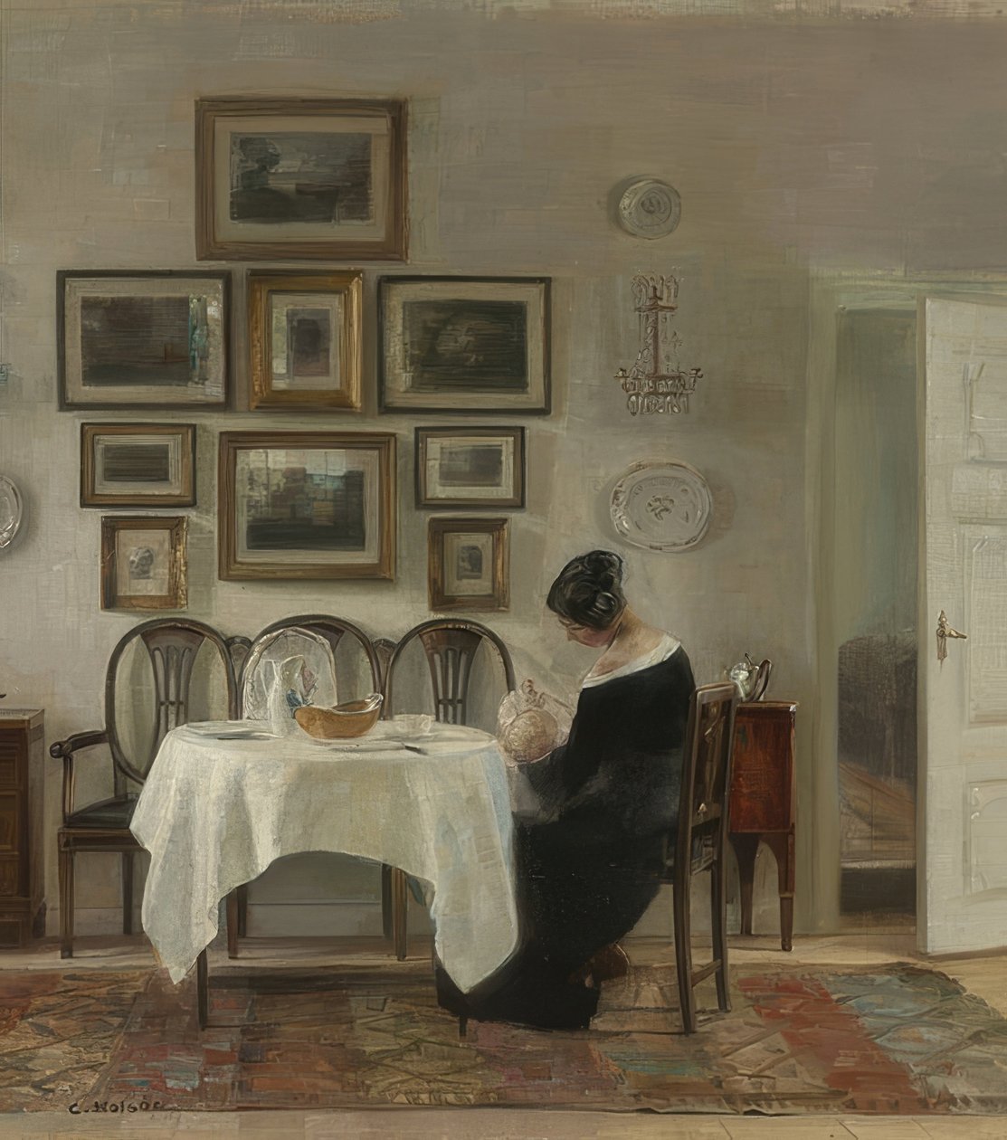 Anya és gyermeke az asztalnál alkotó: Carl Holsoe