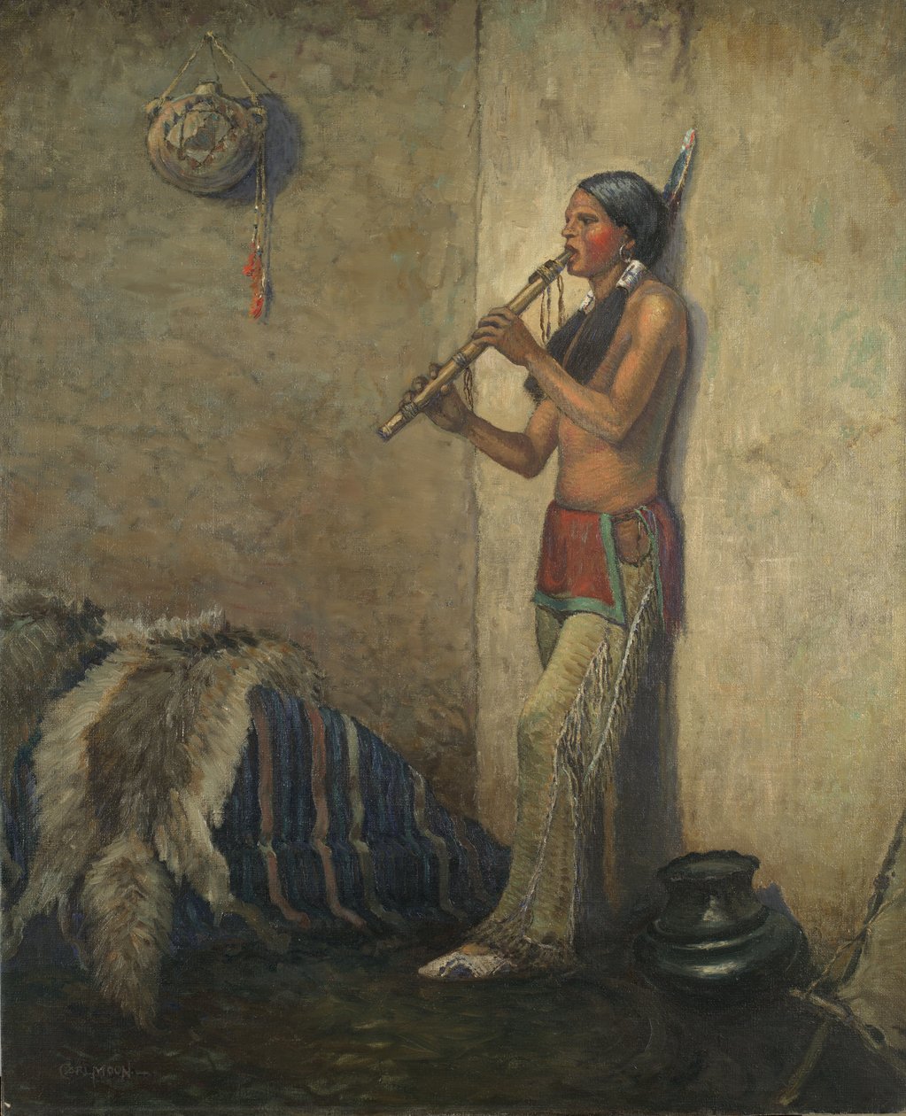 indián furulyával (olaj, vászon) alkotó: Carl Moon