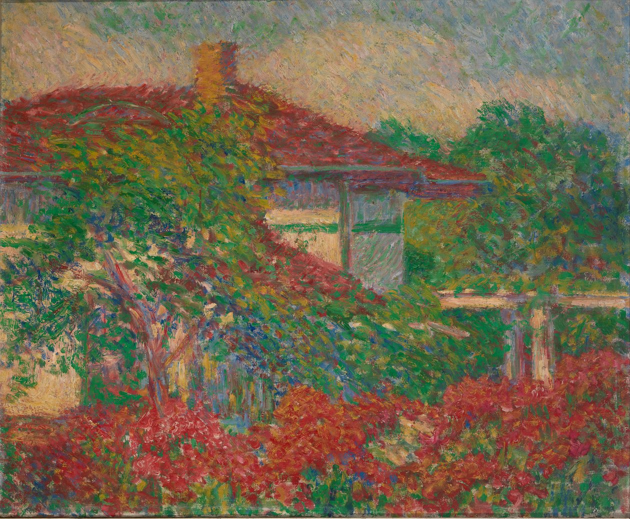 Táj piros tetős épülettel, kb. 1880-1910. alkotó: Carl Newman