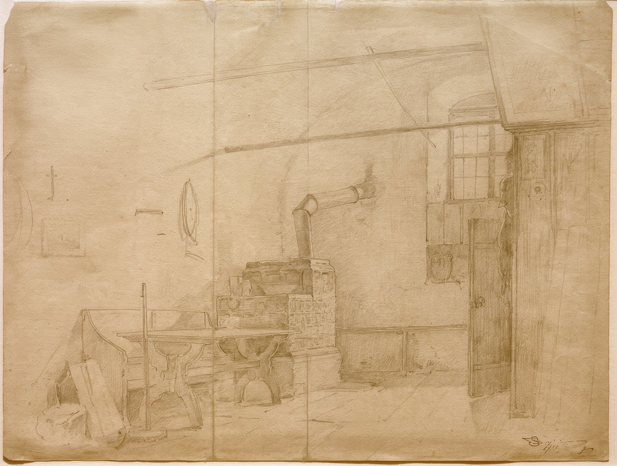 Cserépkályha a gazda szobájában alkotó: Carl Spitzweg
