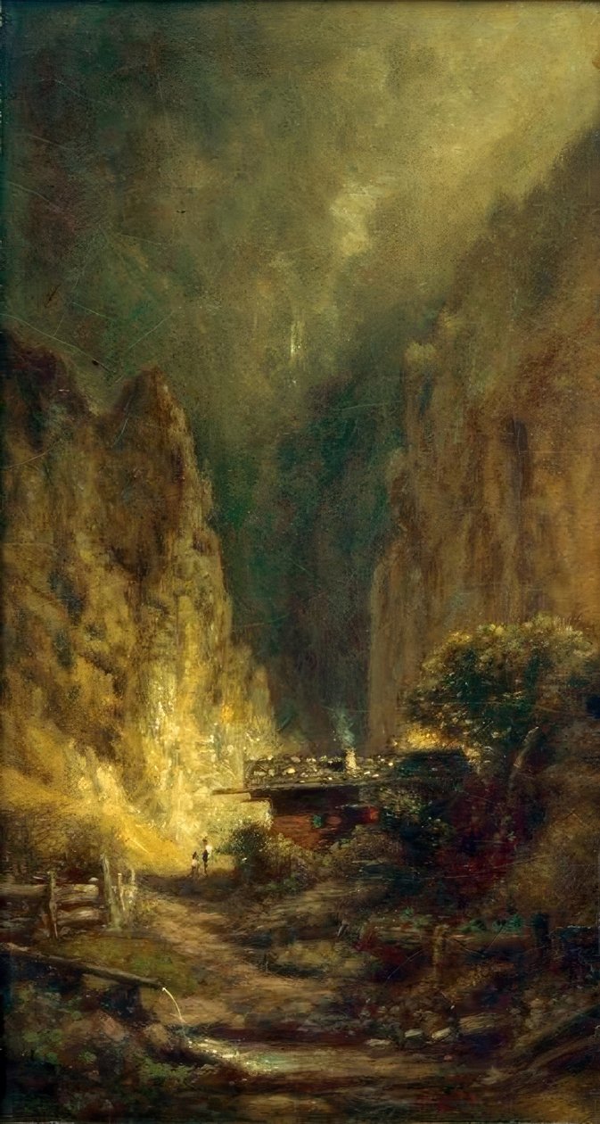 Malom egy sziklás szurdok előtt két figurával alkotó: Carl Spitzweg