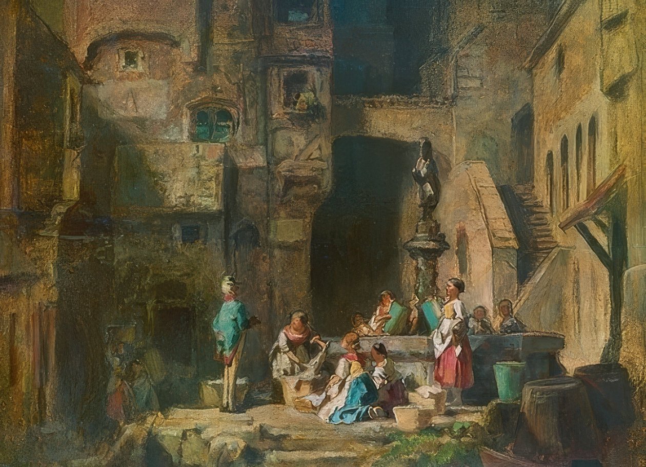 Mosók a kútnál. 1882 körül alkotó: Carl Spitzweg