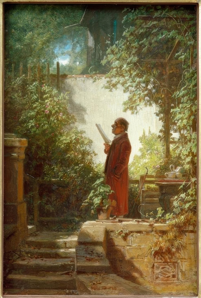 Újságolvasó a házikertben alkotó: Carl Spitzweg