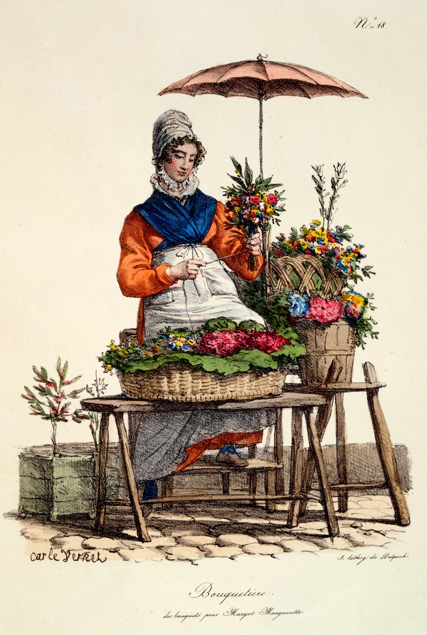 Bouquetiere des bouquets Margot Margueritte számára, Delpeck nyomat, 