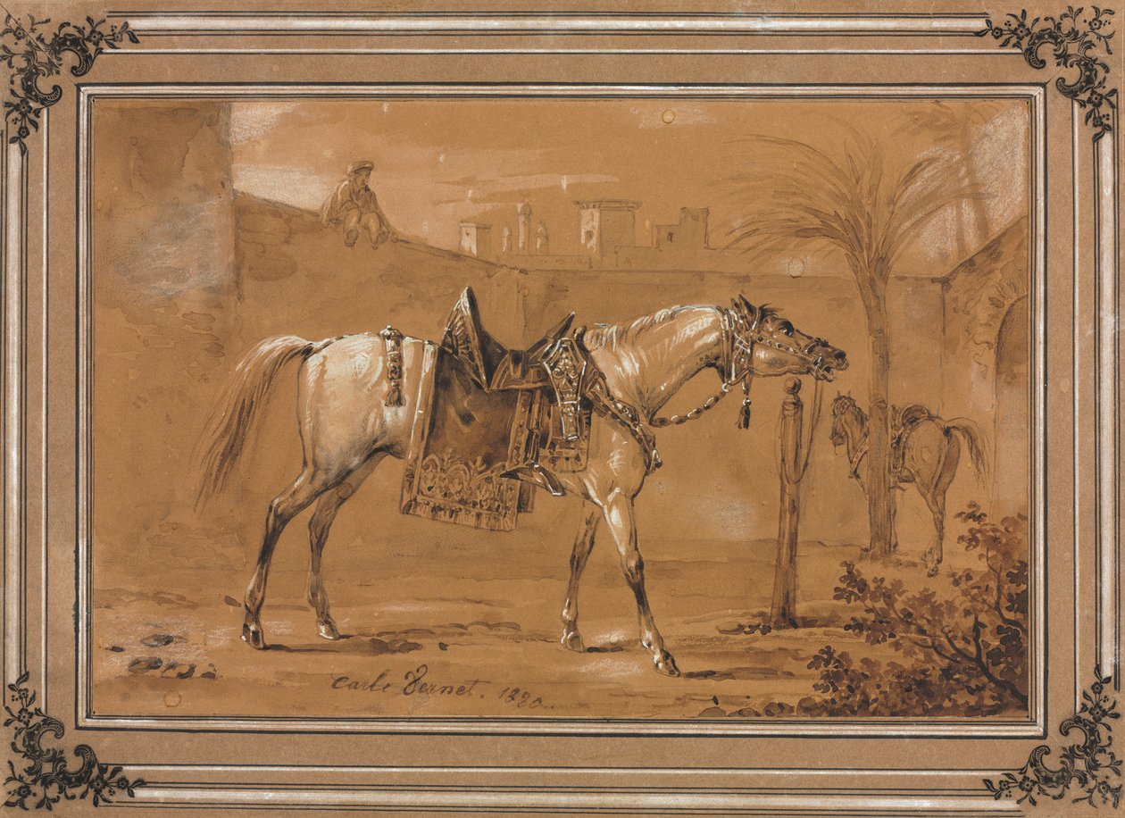Nyergelt arab ló az udvaron alkotó: Carle Vernet