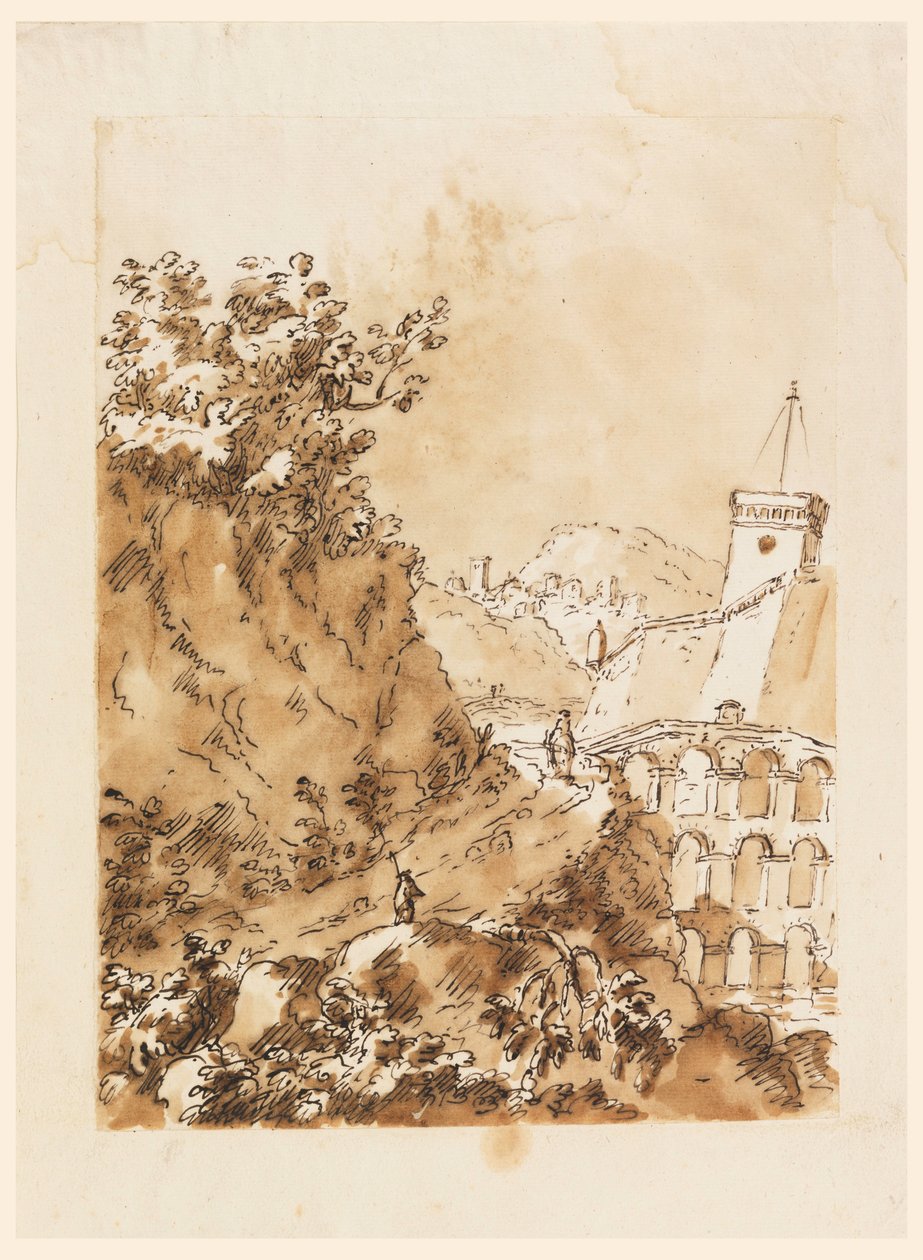 Rajz, Tájkép hegyi várossal, 1760-80 alkotó: Carlo Marchionni