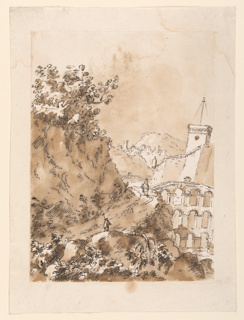 Rajz, Tájkép hegyi várossal, 1760-80 alkotó: Carlo Marchionni