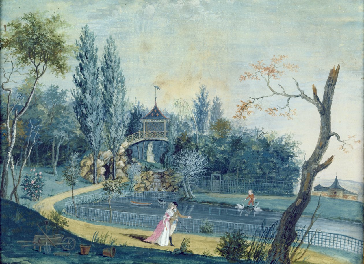 A tó és a kínai pavilon a Le Raincy-i parkban, 1754-93 körüli évek alkotó: Louis Carrogis dit Carmontelle