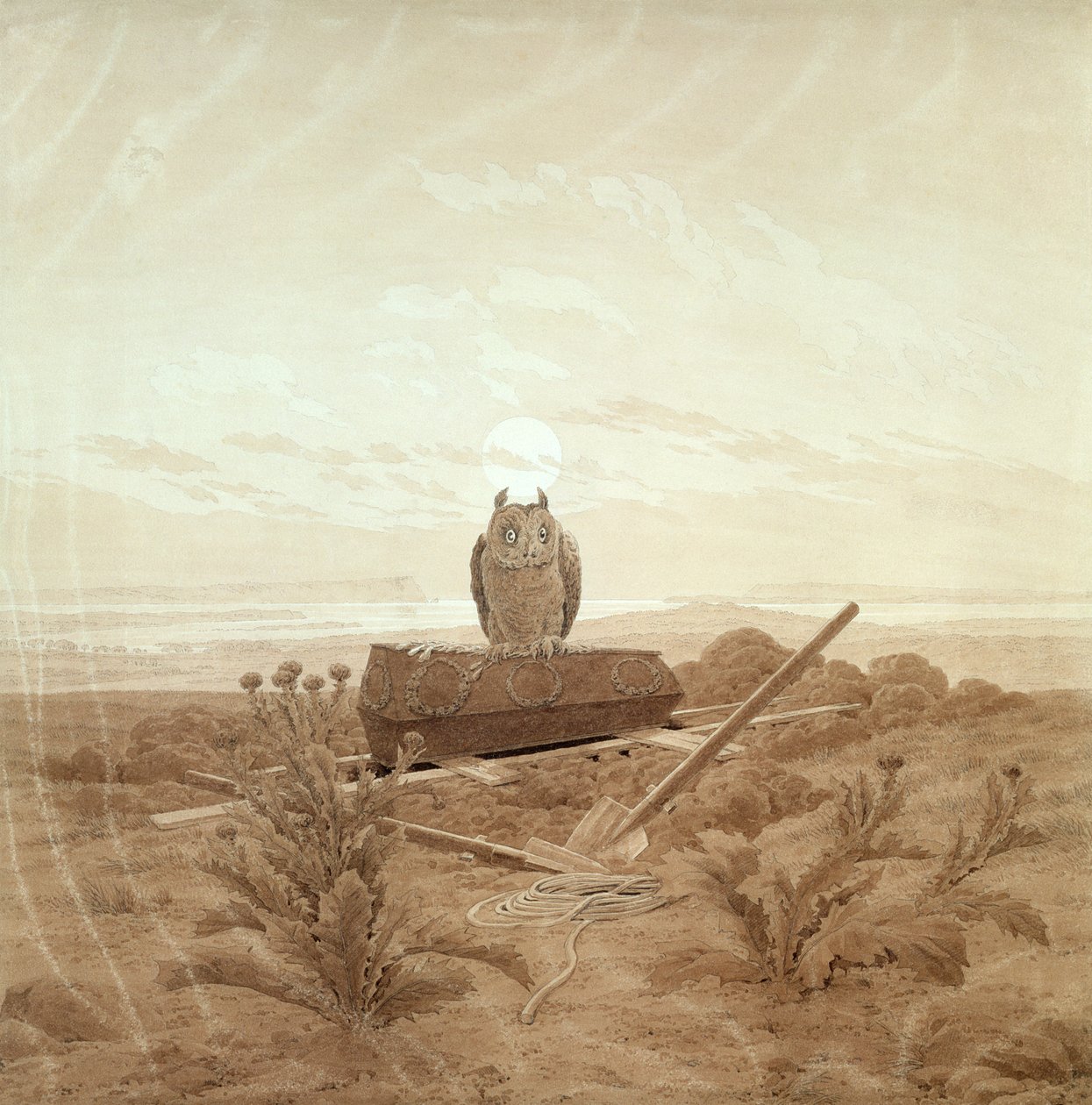 Tájkép sírral, koporsóval és bagollyal (szepia tus és ceruza, papír) alkotó: Caspar David Friedrich