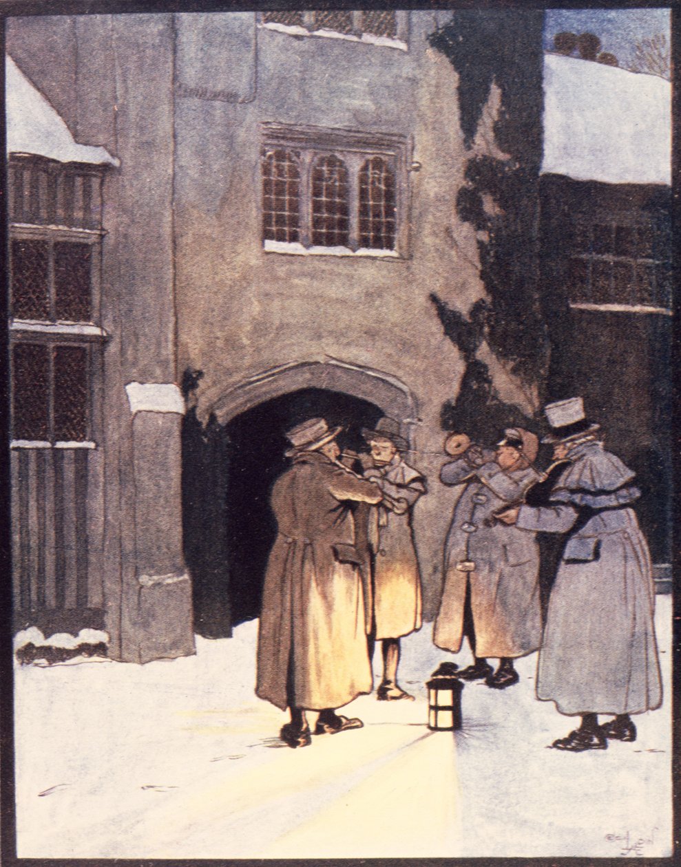 „Körbejárták a házat, játszottak az ablakok alatt”, illusztráció Washington Irving (1783-1859) „Old Christmas” című művéből, kiadó: Hodder és Stoughton, 1908 alkotó: Cecil Charles Windsor Aldin