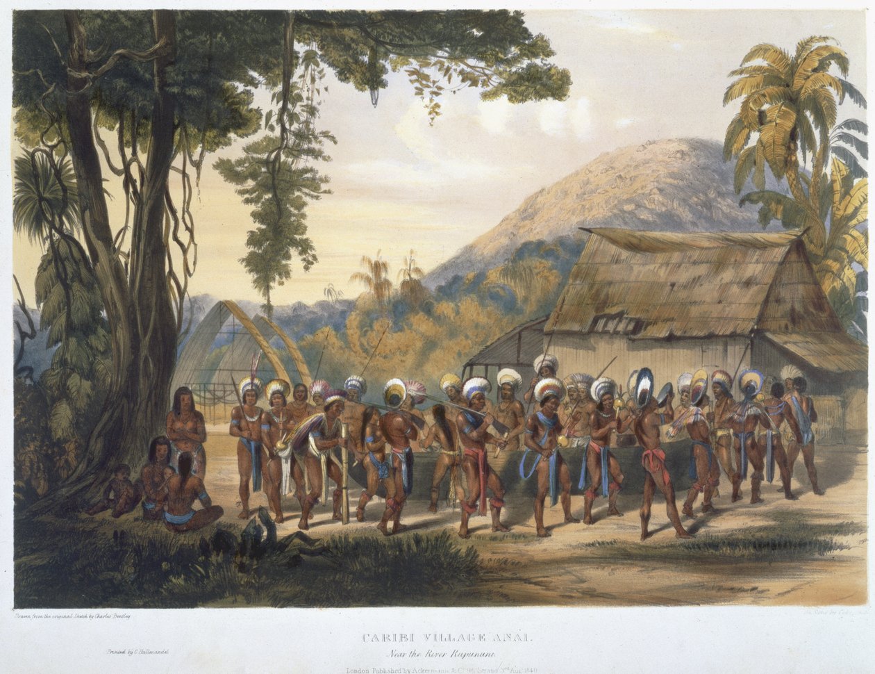 Caribi Village Anai, a Rupununi folyó közelében, a „Nézetek Guyana belsejében” című filmből, Coke Smith, kocsma gravírozása. Ackermann, 1840 alkotó: Charles Bentley
