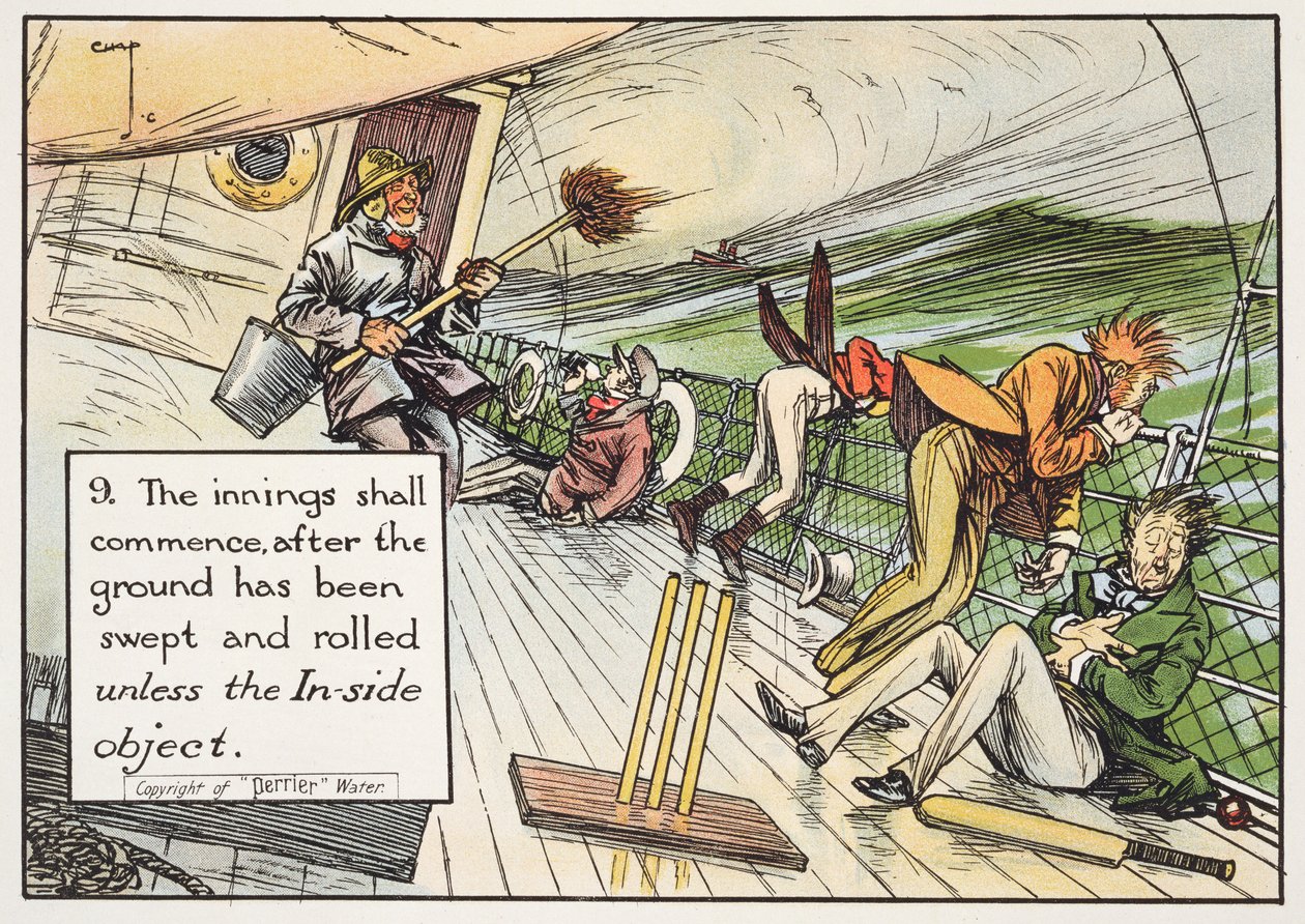 (9) Az inning a pálya felsöprése és gördítése után kezdődik, kivéve, ha az In-side tárgy, az 1910-ben kiadott "Laws of Cricket" (A krikett szabályai) című könyvből. alkotó: Charles Crombie