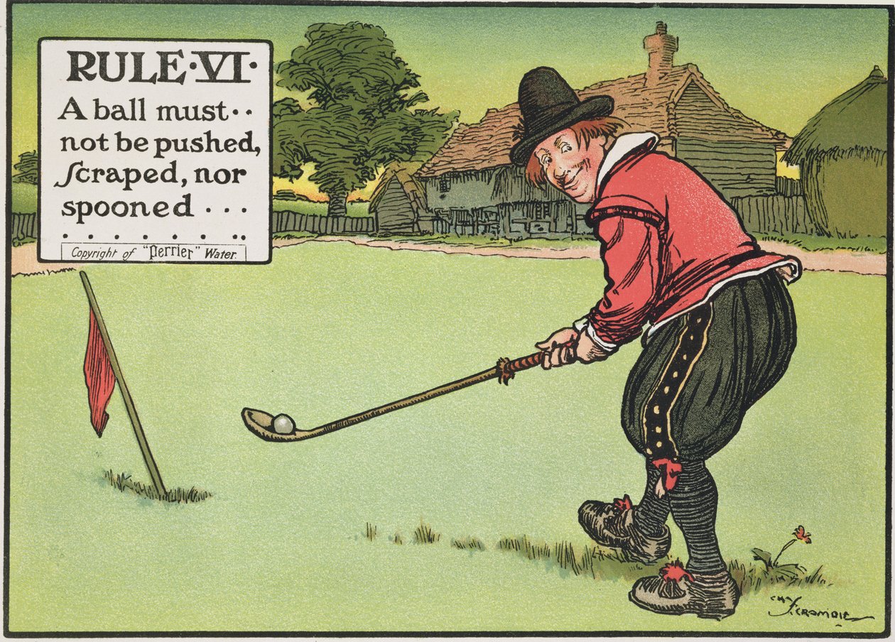VI. szabály: A labdát tilos lökdösni, kaparni vagy kanalazni, a „Golf szabályai”, 1905 körül. alkotó: Charles Crombie