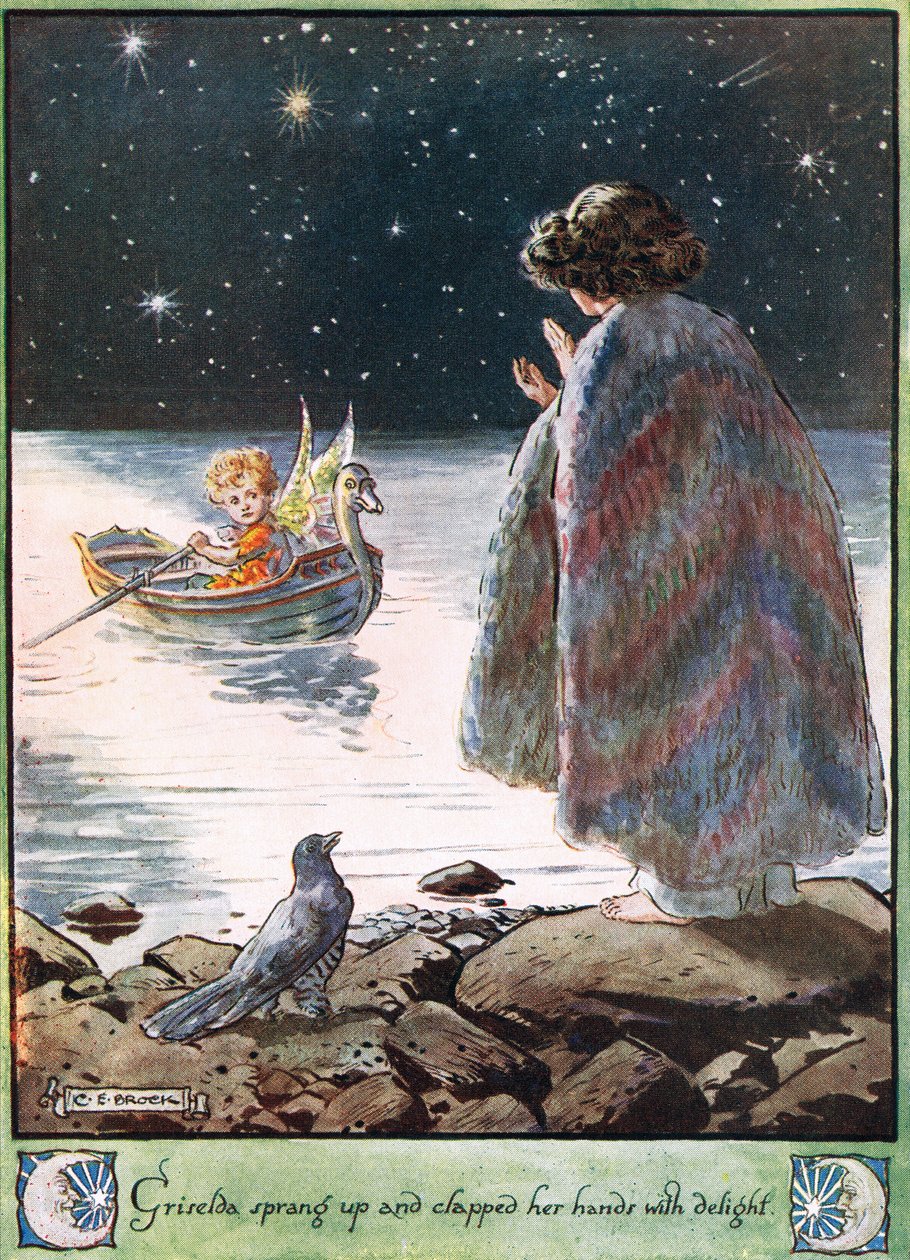 Griselda felpattant, és örömében összecsapta a kezét. Illusztráció Mrs Molesworth „A kakukkos órájából”, amelyet a Macmillan adott ki 1930-ban. alkotó: Charles Edmund Brock