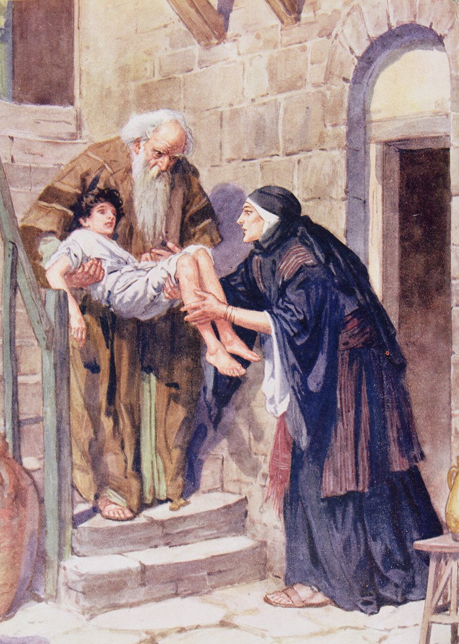 „Nézd”, mondta Illés, „él a fiad”, illusztráció a „Biblián keresztül”, megjelent, 1928 alkotó: Charles Edmund Brock