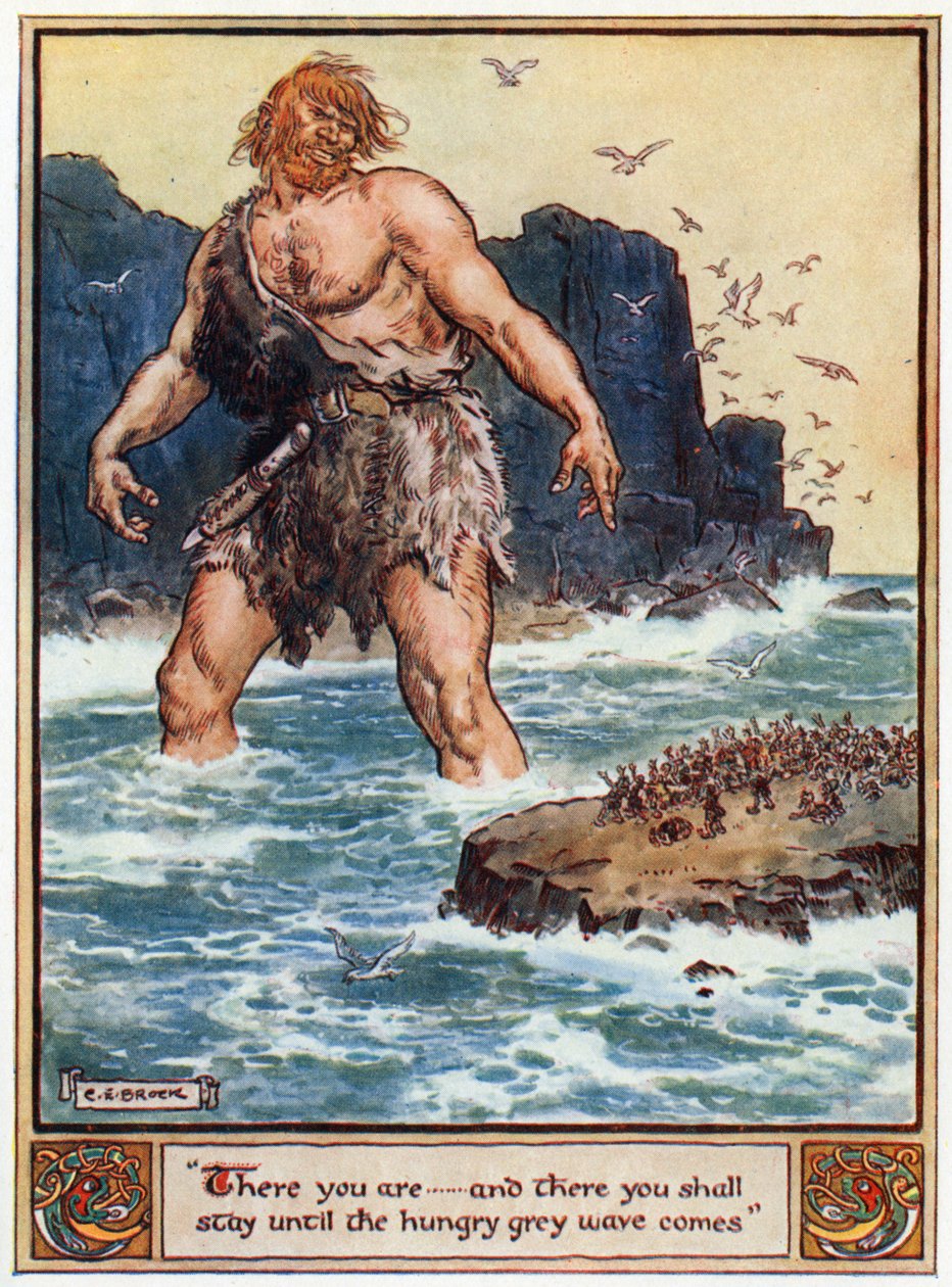 "Itt vagy... és itt maradsz, amíg az éhes szürke hullám el nem jön", illusztráció az A und E Keary által írt "The Heroes of Asgard, Tales from Scandinavian Mythology" című könyvből, 1930. alkotó: Charles Edmund Brock