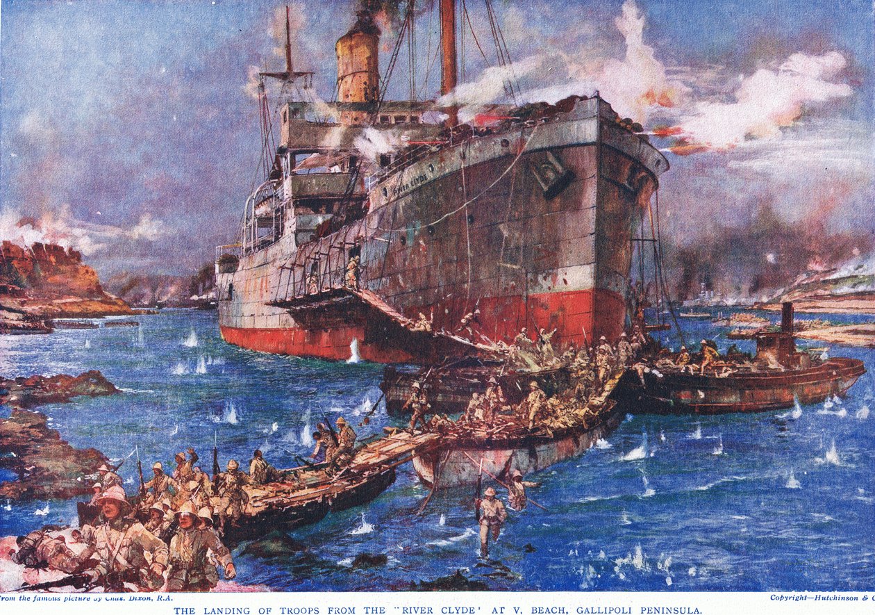 A csapatok partraszállása a „River Clyde”-ról a V Beach-nél, Gallipoli-félszigeten, illusztráció a „Deeds that Thrill the Empire” című könyvből, a Hutchinson und Co., 1920 körül alkotó: Charles Edward Dixon