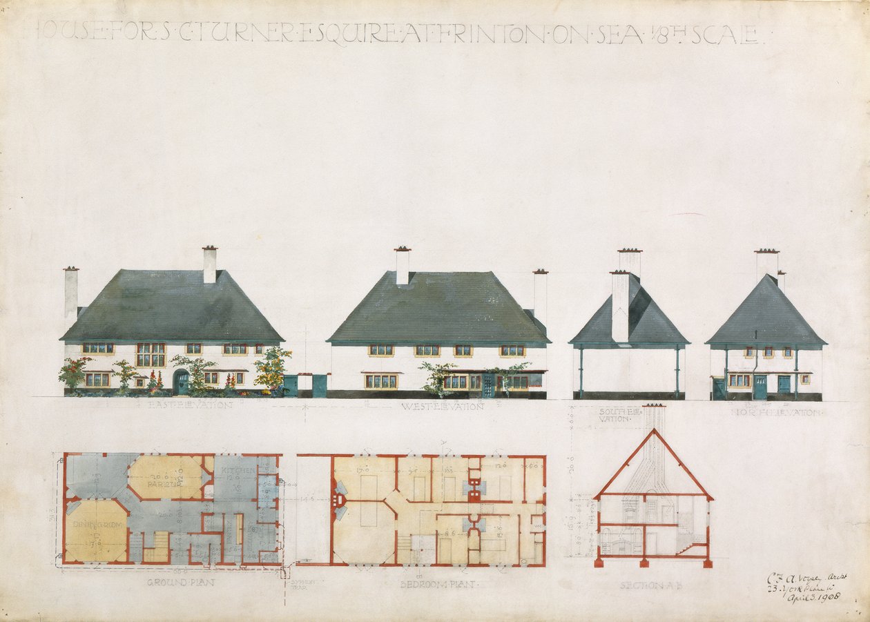 Javasolt ház C. Turner Esq. Frinton on Sea, 1908 (wc és ceruza papíron) alkotó: Charles Francis Annesley Voysey