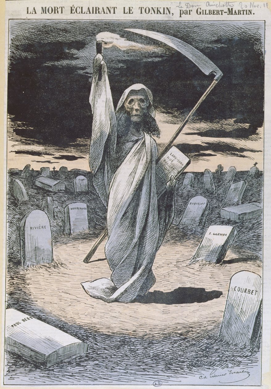 A halál megvilágítja Tonkint, illusztráció a "le Don Quichotte" magazinból, 1884. november 20. alkotó: Charles Gilbert Martin