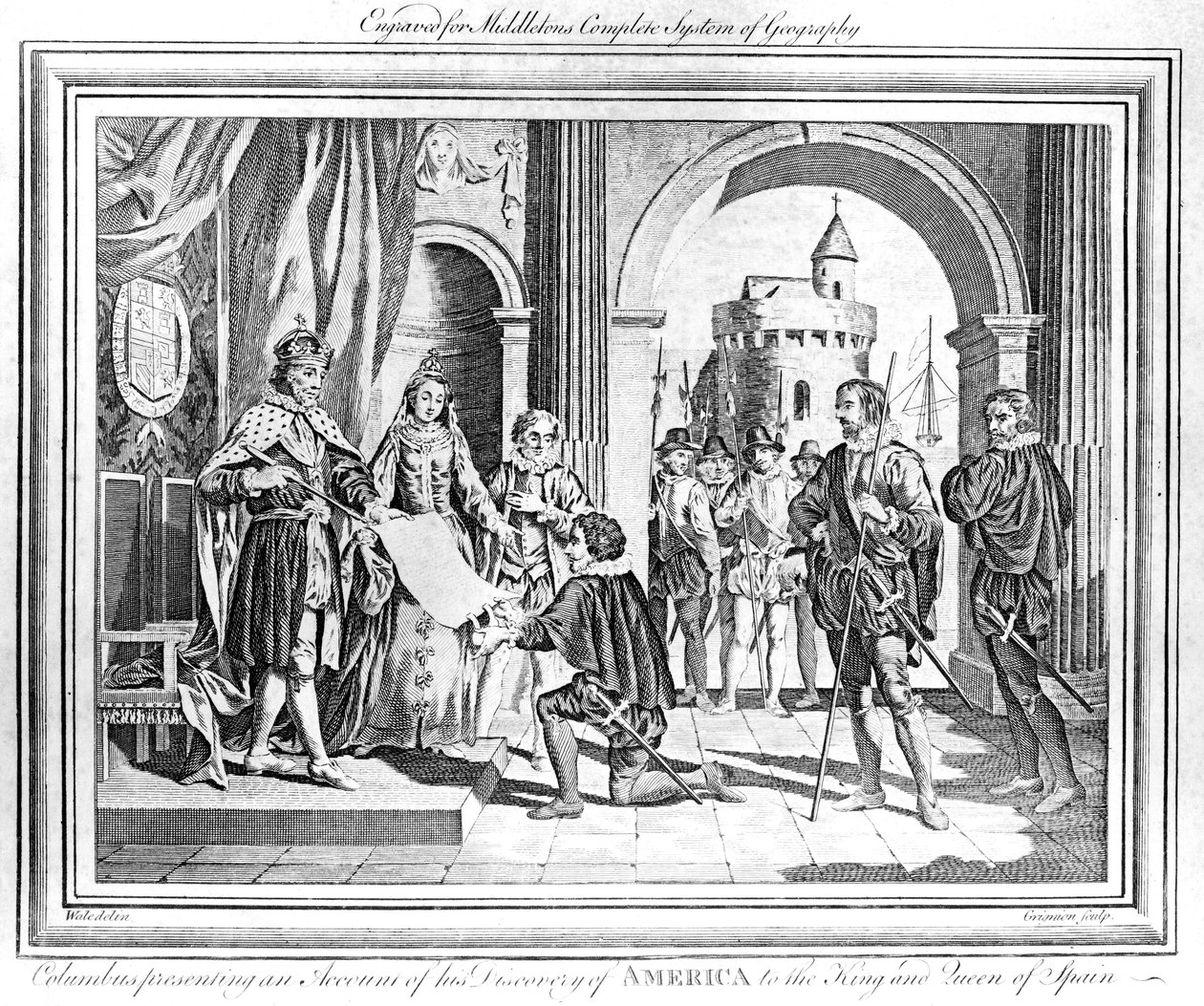 Kolumbusz Kristóf (1451-1506) Amerika felfedezéséről számol be Spanyolország királyának és királynőjének alkotó: Charles Grignion