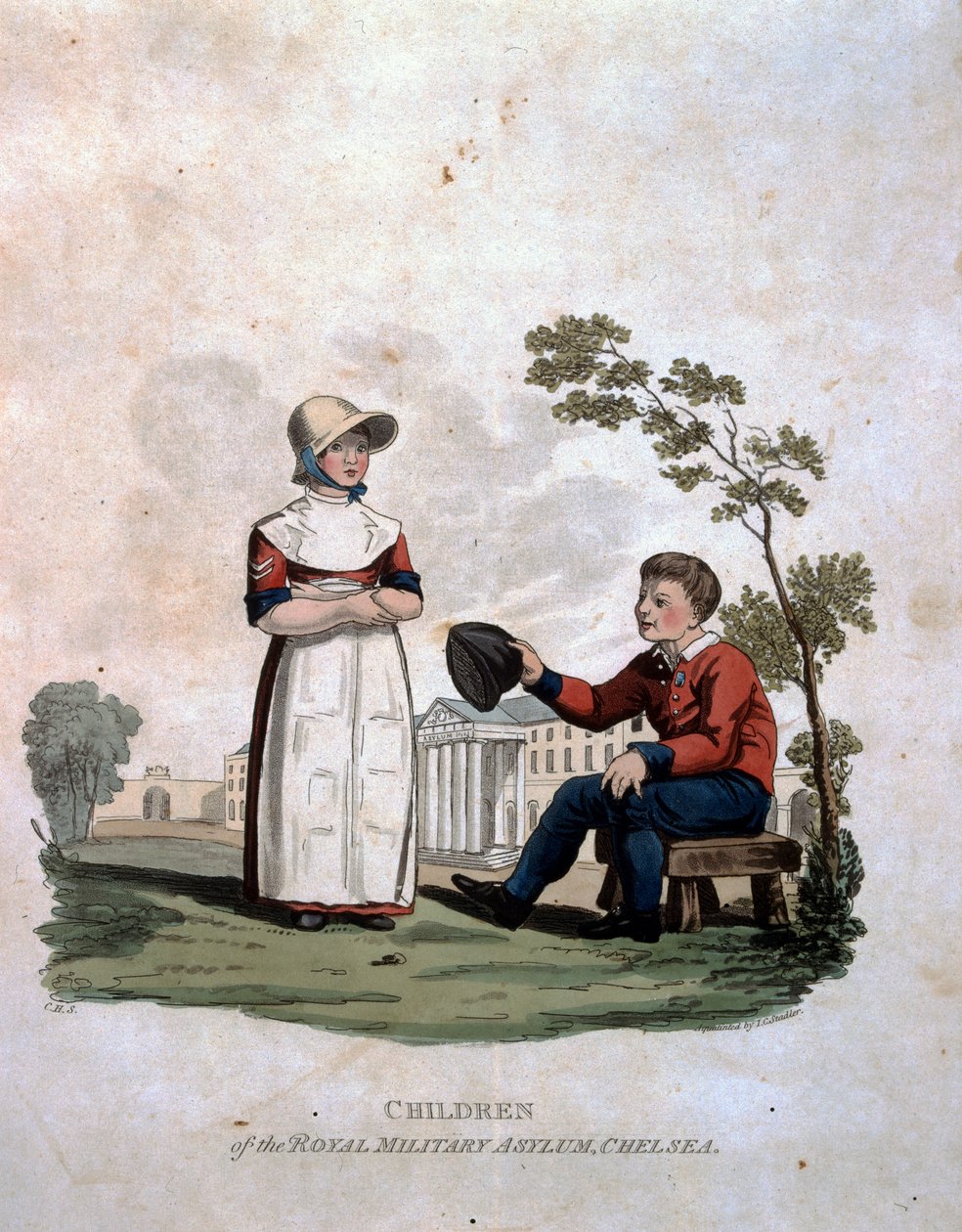 Gyerekek a chelsea-i Királyi Katonai Menedékházban, „A Brit Birodalom hadseregének jelmezei, a legutóbbi 1812-es szabályzat szerint”, J. C. Stadler metszet, a Colnaghi und Co. 1812–1815. alkotó: Charles Hamilton Smith