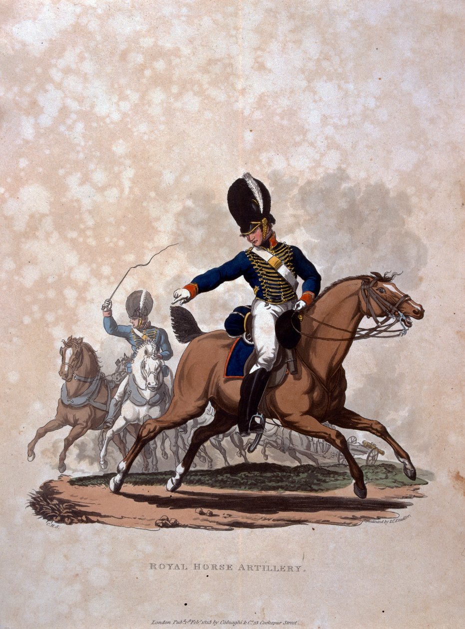 Royal Horse Artillery, „A Brit Birodalom hadseregének jelmezei, az utolsó szabályok szerint 1812”, metszett J. C. Stadler, kiadó: Colnaghi und Co. 1812-15 (színes akvatinta) alkotó: Charles Hamilton Smith