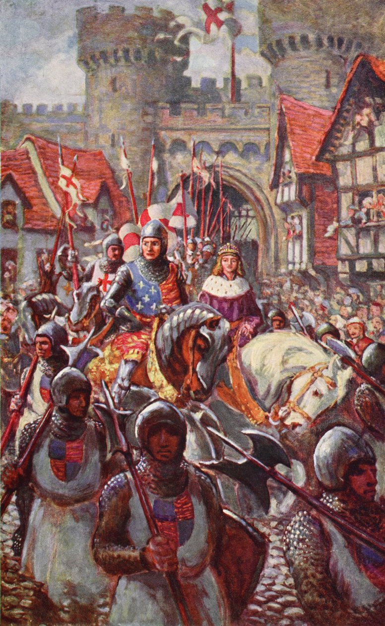 V. Edward Richard herceggel Londonba lovagol, 1483, illusztráció a „Hutchinson története a brit nemzetről”, 1923 körül alkotó: Charles John de Lacy