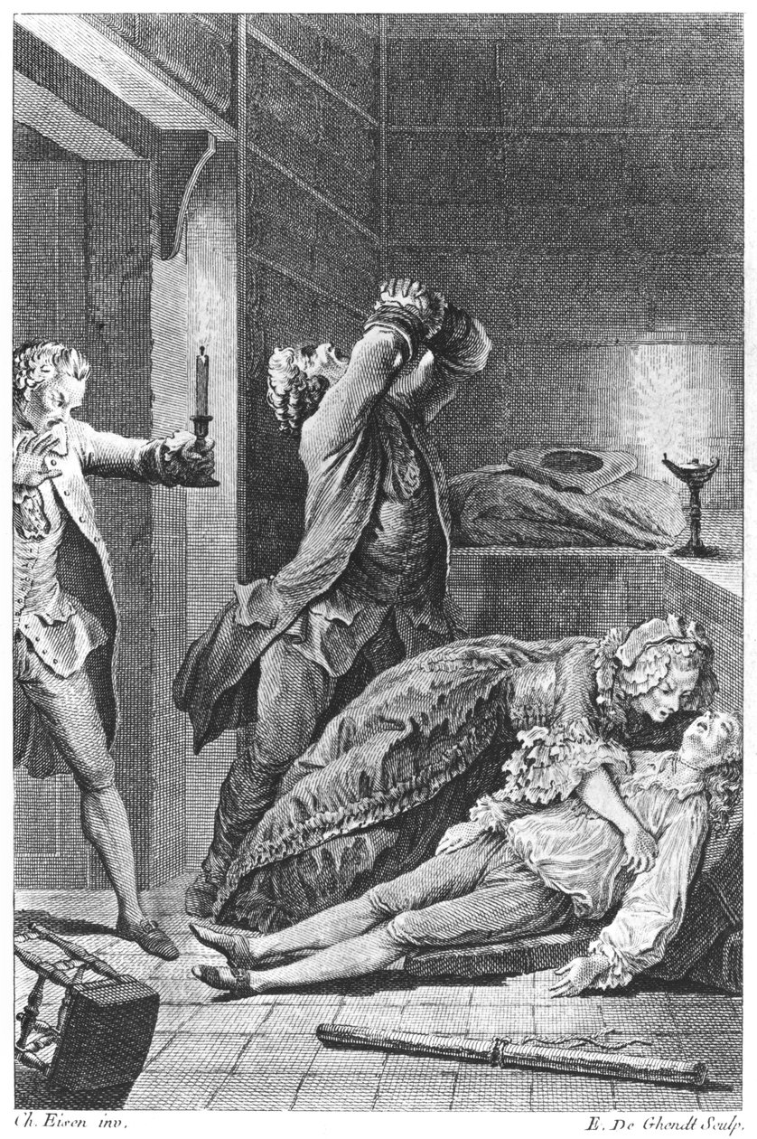 Jean Calas (1698-1762) felfedezi halott fiát Jean Nepomucene de Ghendt Emmanuel (1738-1815) által. alkotó: Charles Joseph Dominique Eisen