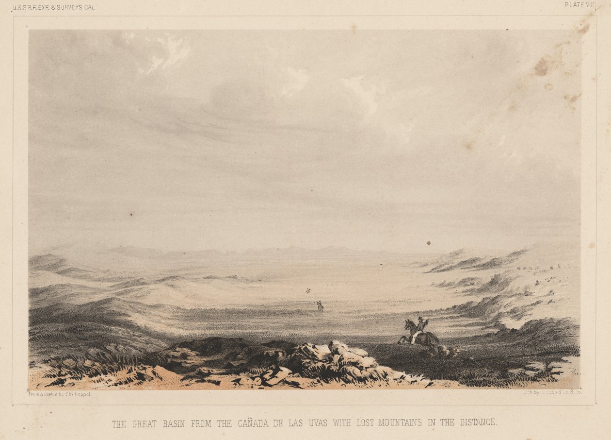 A Great Basin a Canada de las Uvasból az elveszett hegyekkel a távolban, litho by A. Hoen und Co., 1855 (chromolitho) alkotó: Charles Koppel