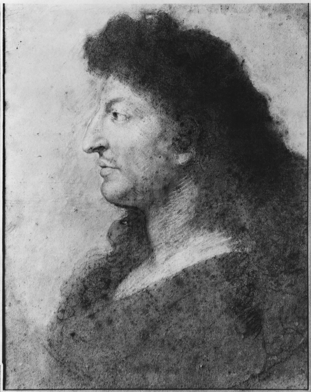 XIV. Lajos profilképe, csupasz nyakkal és hosszú hajjal, 1678 körül (pasztell és pierre noire szürke bézs papíron) (lásd még: 177108) alkotó: Charles Le Brun