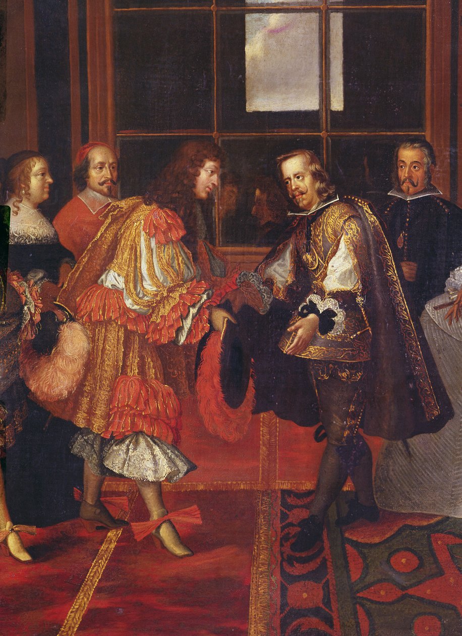 XIV. Lajos és IV. Fülöp találkozója az Ile des Faisans-on 1660. június 7. részlet XIV. Lajos 1638-1715, Franciaország és Navarra királya, nagybátyja IV. Fülöp 1605-1665, Spanyolország királya, háttérben a képen. alkotó: Charles Le Brun