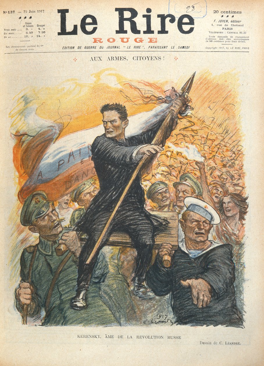 Alekszandr Kerenszkij (1881-1970) karikatúrája, a „Le Rire” francia magazin borítója, 1917. június 30. alkotó: Charles Leandre