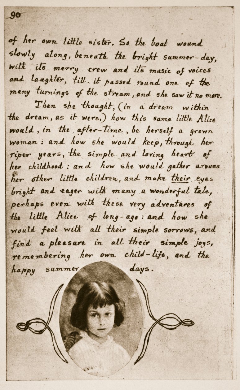 Alice Liddell az "Alice föld alatti kalandjai" utolsó oldalán, 1859 (szepia fotó) alkotó: Charles Lutwidge Dodgson