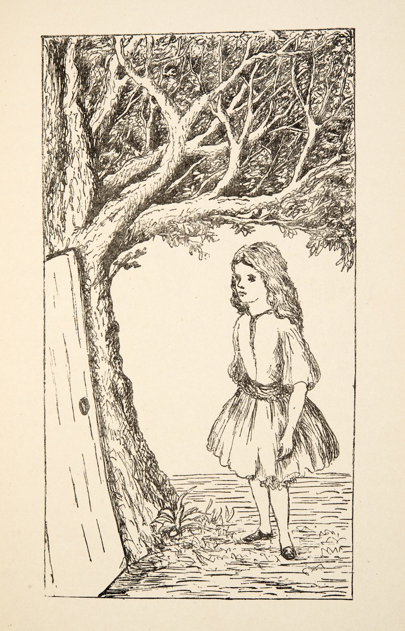 Alice talál egy ajtót a fába, illusztráció az Alices Adventures Under Groundból, pub. 1886 (fakszimile) alkotó: Charles Lutwidge Dodgson
