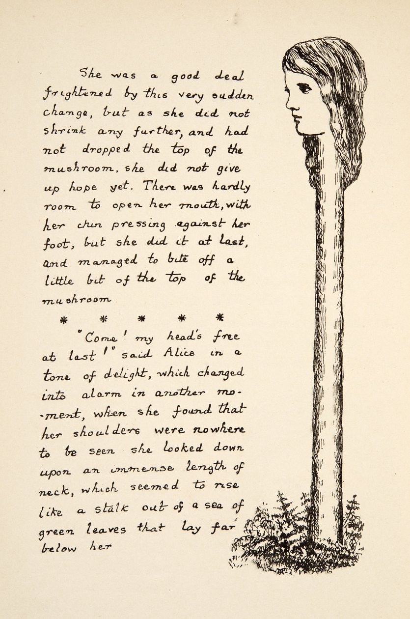 Alices nyaka megnyúlik, miután több gombát evett, illusztráció az Alices Adventures Under Ground, pub. 1886 (fakszimile) alkotó: Charles Lutwidge Dodgson