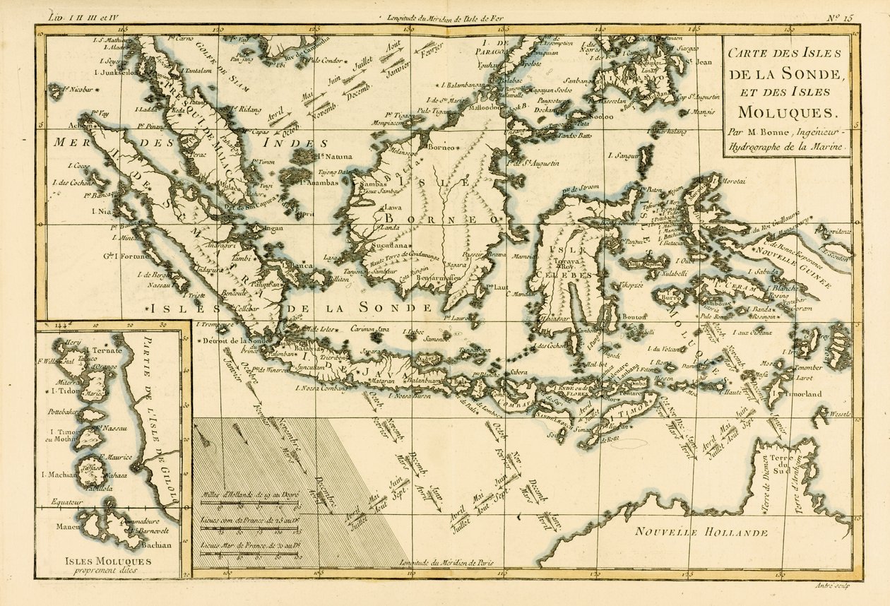 Indonézia és a Fülöp-szigetek, Guillaume Raynal (1713-96) „A földgömb összes ismert részének atlasza” című művéből, Genfben, 1780. alkotó: Charles Marie Rigobert Bonne