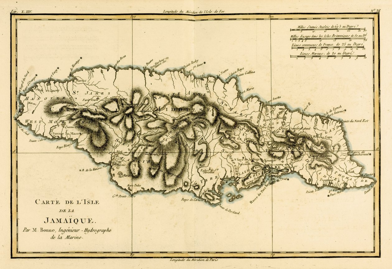 Jamaica szigete Guillaume Raynal (1713-96) 1780-ban megjelent „A földgömb összes ismert részének atlaszából” alkotó: Charles Marie Rigobert Bonne