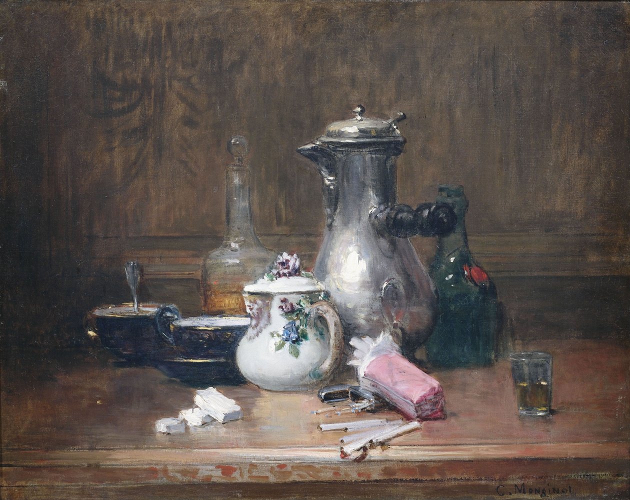 Morte du mor viv bon bon vivant. Csendélet kávéedényekkel, konyakos üvegekkel és cigarettával alkotó: Charles Monginot