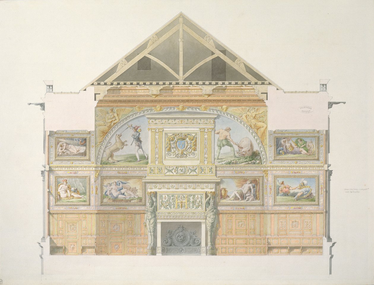 Ms 1014 A fontainebleau-i bálterem emelése, tányér egy albumból (wc és ceruza papíron) alkotó: Charles Percier