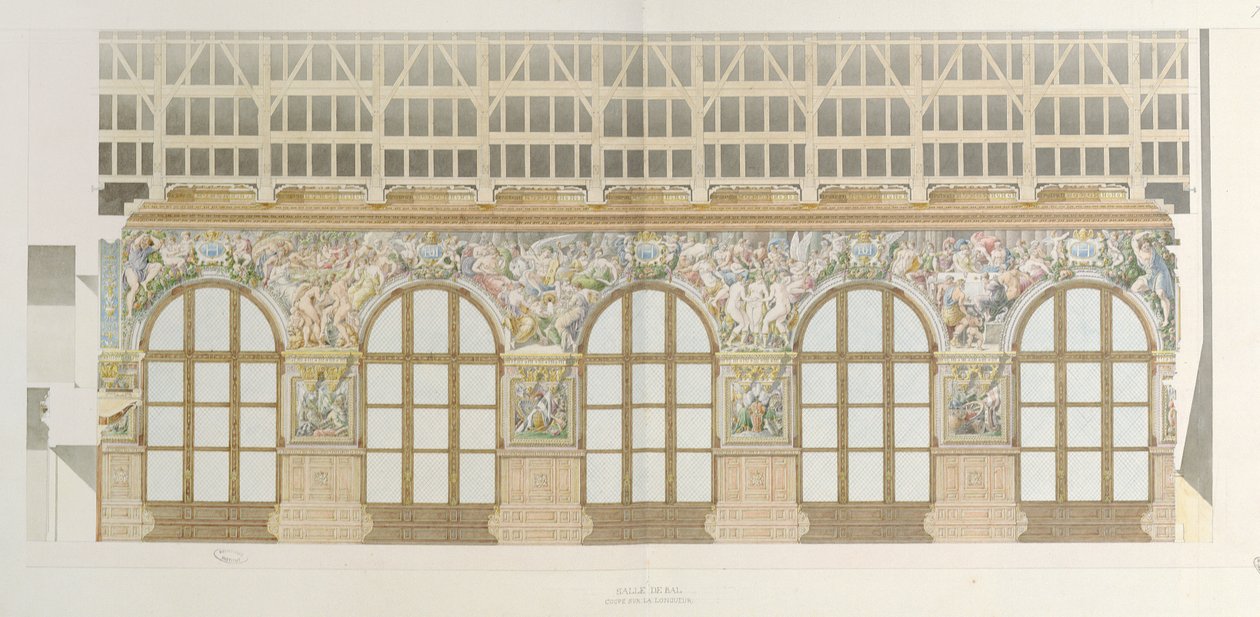 Ms 1014 A fontainebleau-i bálterem emelése, tányér egy albumból (wc és ceruza papíron) alkotó: Charles Percier