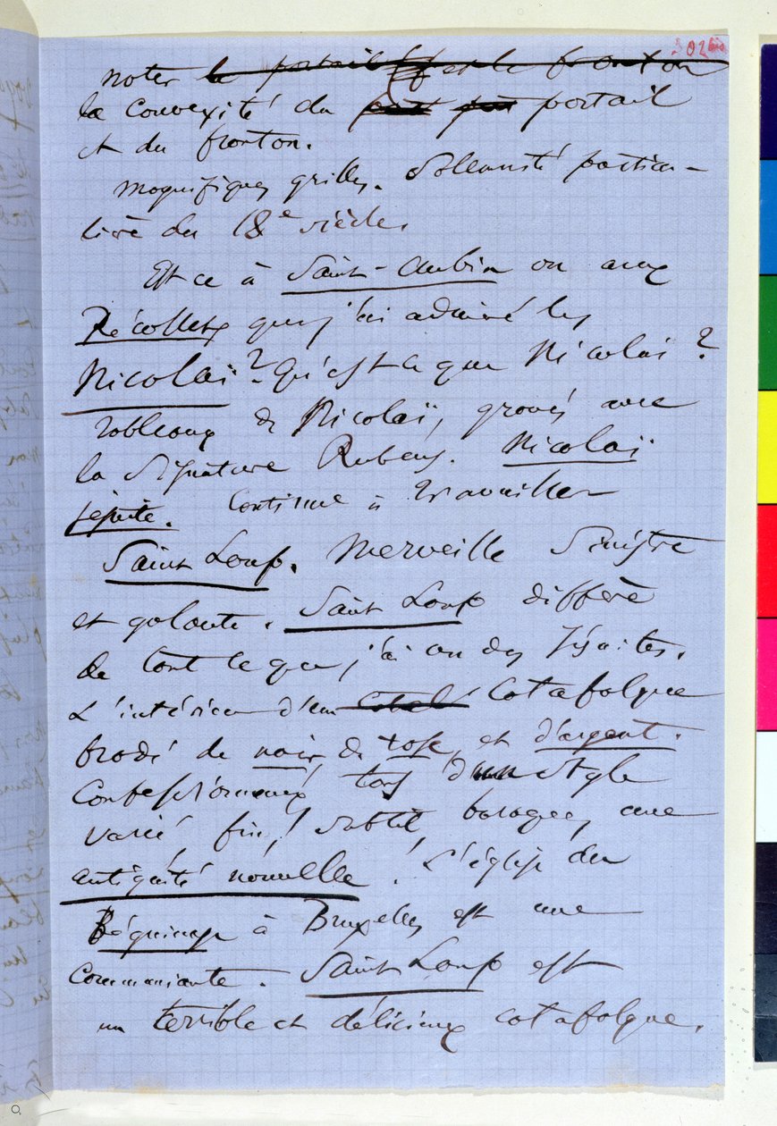 Baudelaire „Pauvre Belgique” című brosúrájának 302. oldala, amely leírja az 1864-es Namurba tett utazását (tintával papíron) alkotó: Charles Pierre Baudelaire
