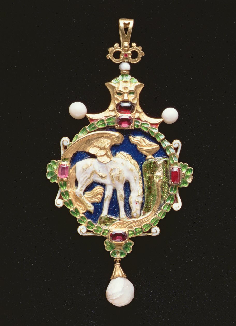 Pegazus medál Miss Edith Emily Cooper miniatűrjével, zárt, 1901 (arany és zománc, gyöngyök, gránát és rubin) (a belsejét lásd 109663) alkotó: Charles Ricketts